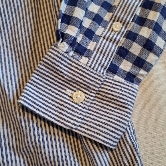 Mini Boden boys gingham & striped button down blue & white shirt, EUC - Picture 5 of 6